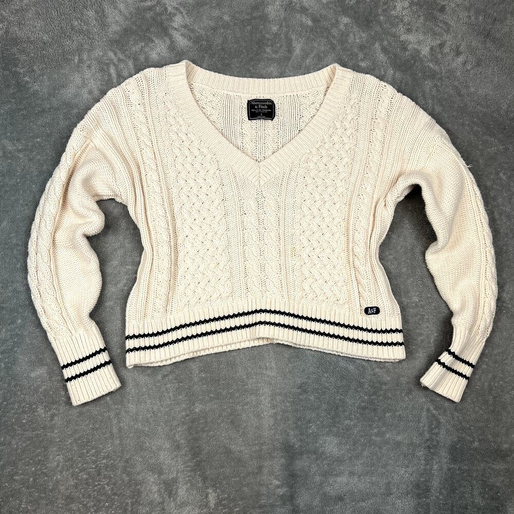 Abercrombie and Fitch Sweater Womens L Cable Knit V Neck Ivory‎ Tennis Preppy